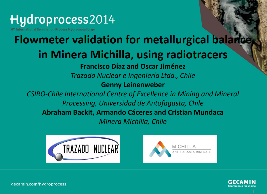 Hydroprocess 2014, Viña del Mar, Hotel Sheraton, “Flowmeter validation for metallurgical balance in Minera Michilla, using radiotracers”.